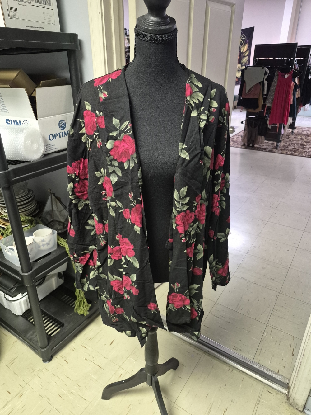 Open-Front Floral Cardigan Jacket in Black with Red Roses